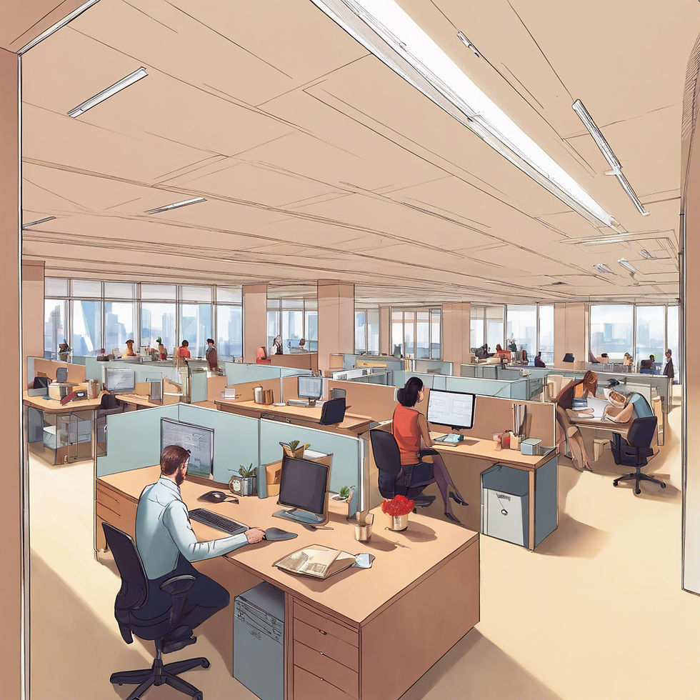 An open plan, modern office, with people working at their desks.