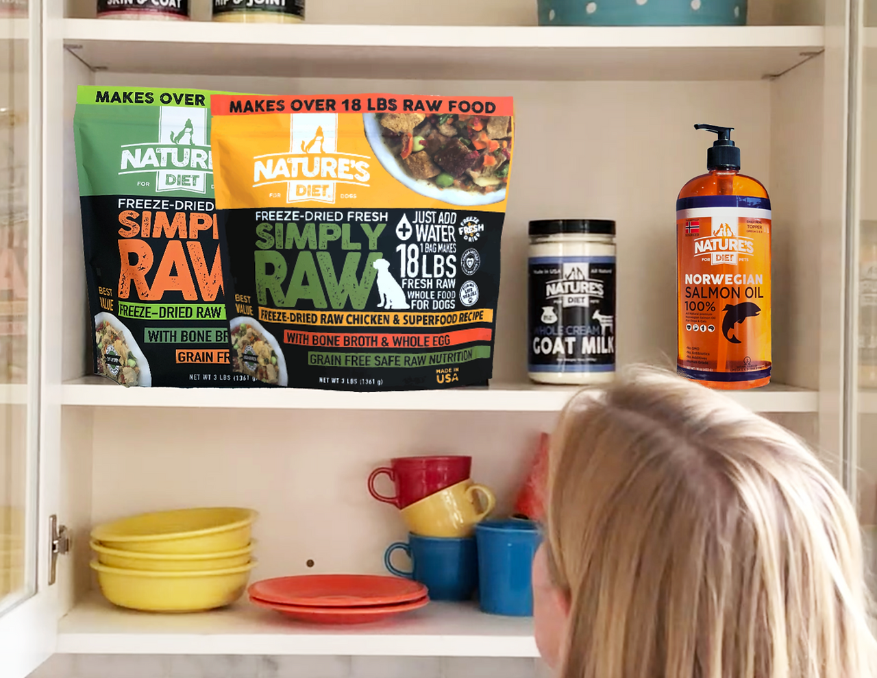 Woman looks at Nature's Diet Simply Raw freeze-dried whole food biologically appropriate raw