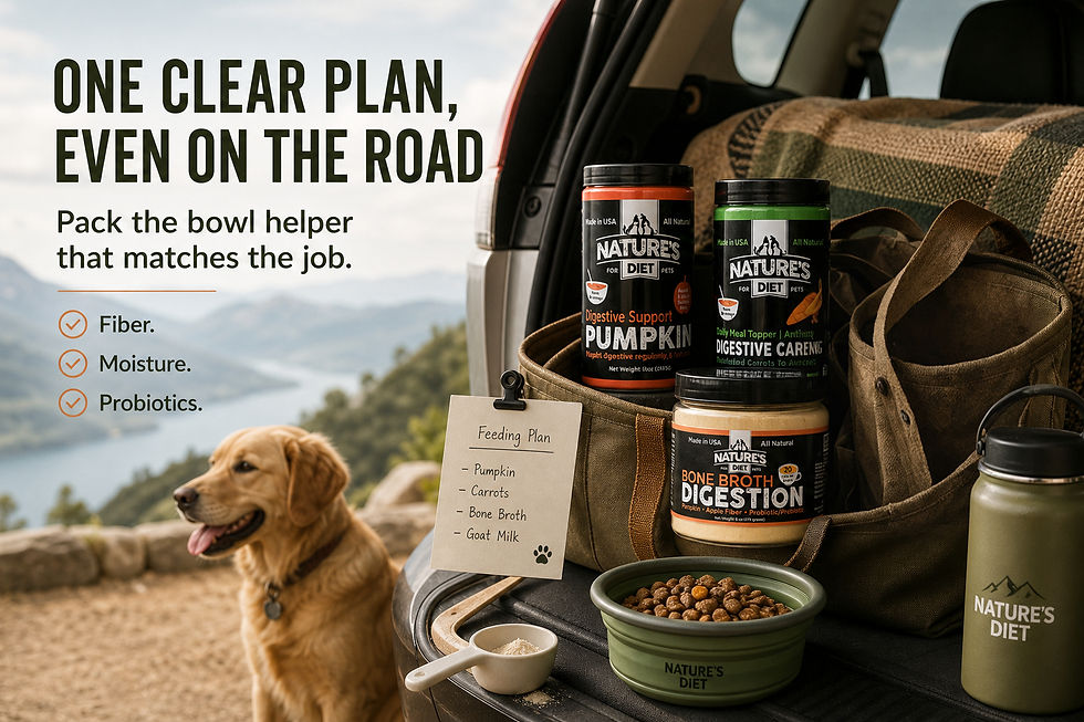 When life gets busy, three things are usually enough: the main meal, one easy add-on if appetite slips, and one flexible backup. That keeps meals recognizable to the pet and clear to a sitter, friend, or family member.
