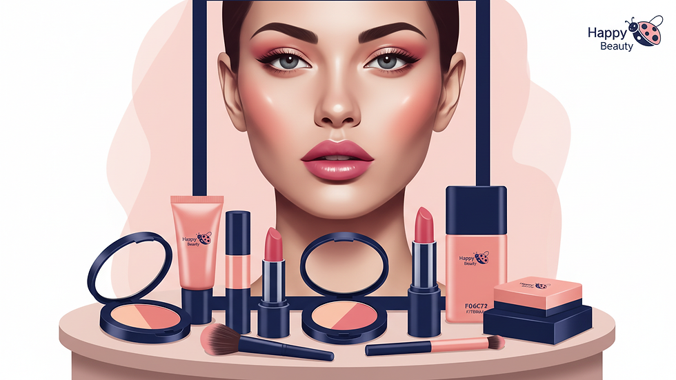 Eye-level view of Happy Bug Beauty makeup products arranged on a vanity table