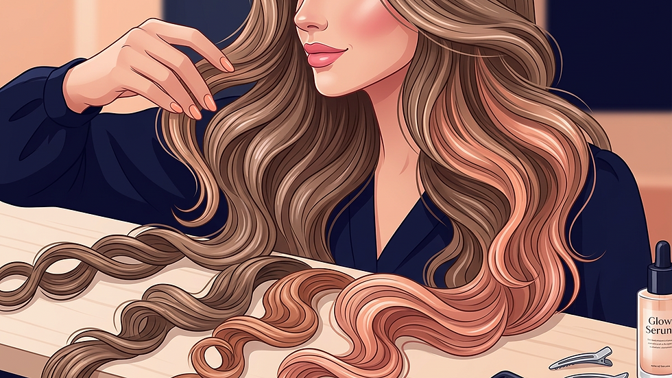 Close-up view of long, voluminous hair extensions on a styling table