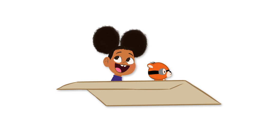 Girl and teddy bear in a paper airplane