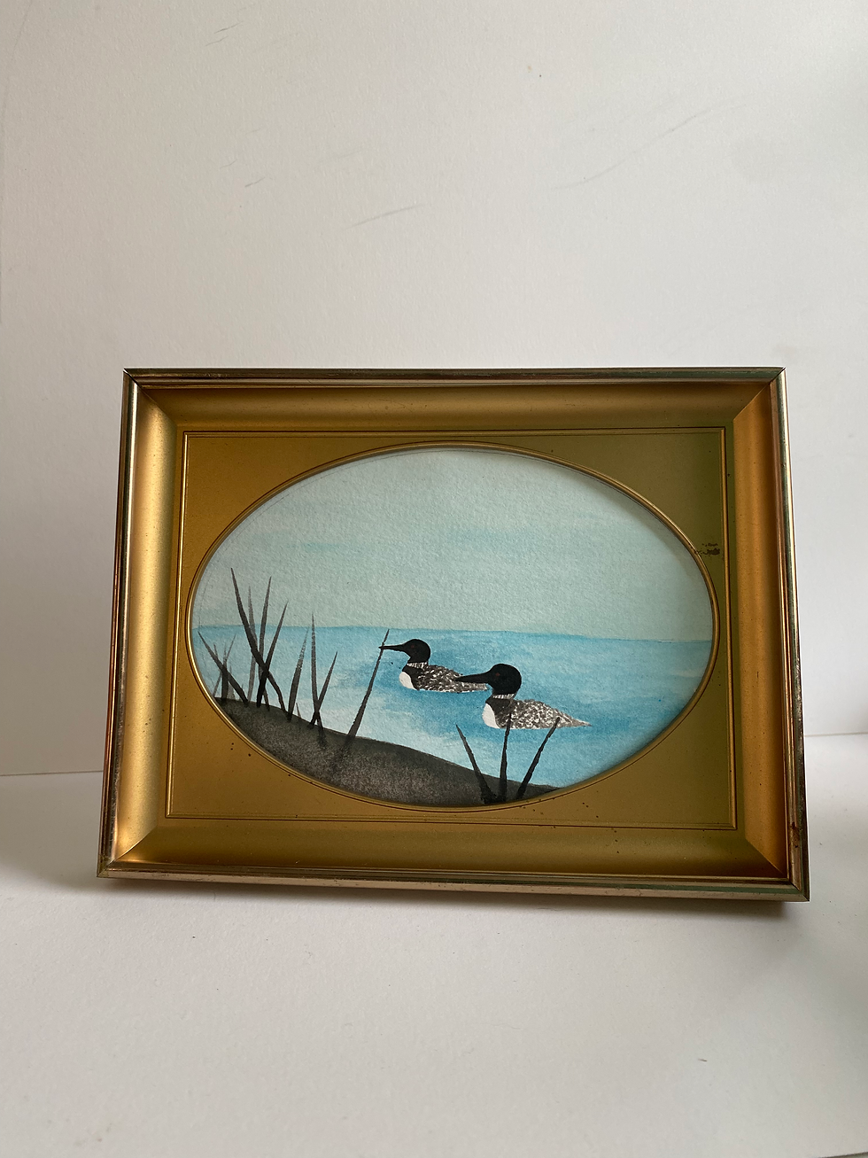Loons Swimming Original Framed Watercolor Painting