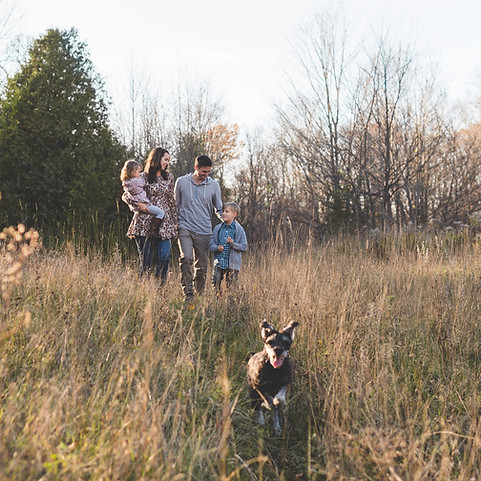family with dog walking in a field