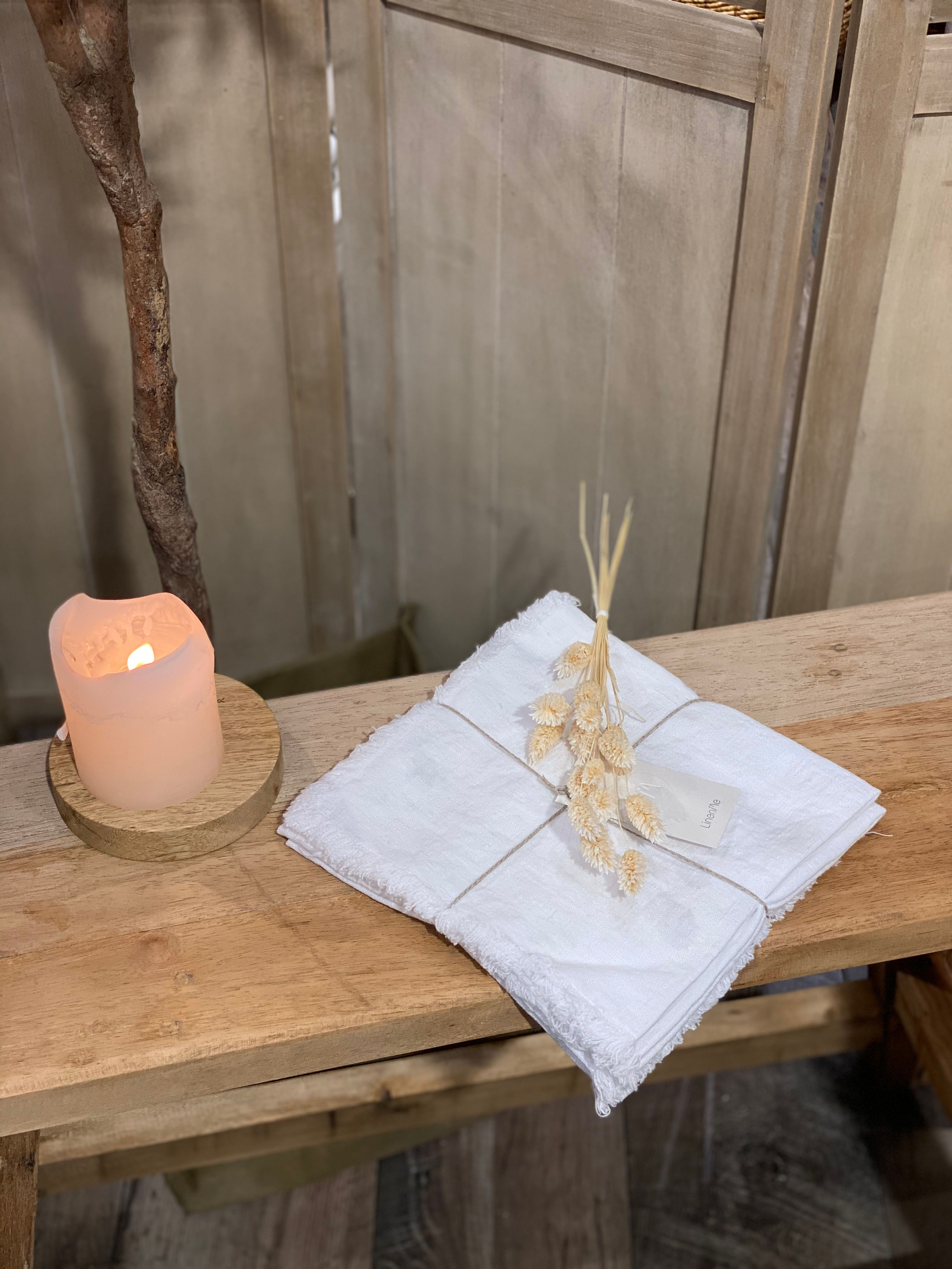 SERVIETTE DE TABLE LIN FRANGEE Blanc - Linenme