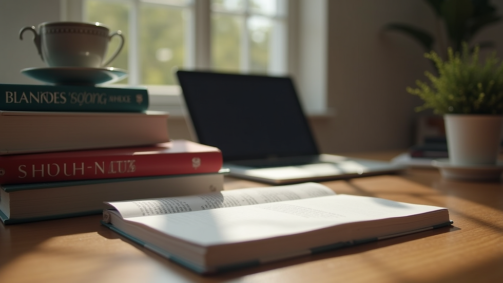 Eye-level view of a cozy study space with a laptop and French language books