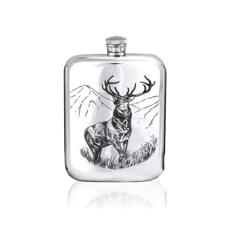 6 oz.Pewter Hip Flask with Etched Stag