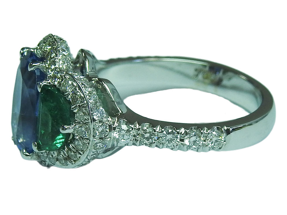 Thumbnail: Sapphire & Emerald Diamond Vintage Ring w Three Diamond Frames in 18K White Gold