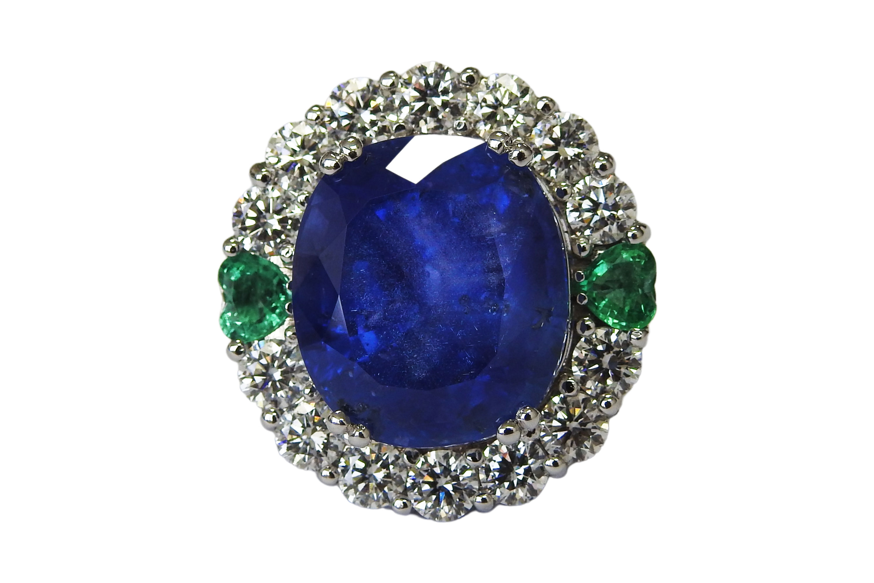 19.46 Sapphire Halo Ring with Accent Heart Emeralds