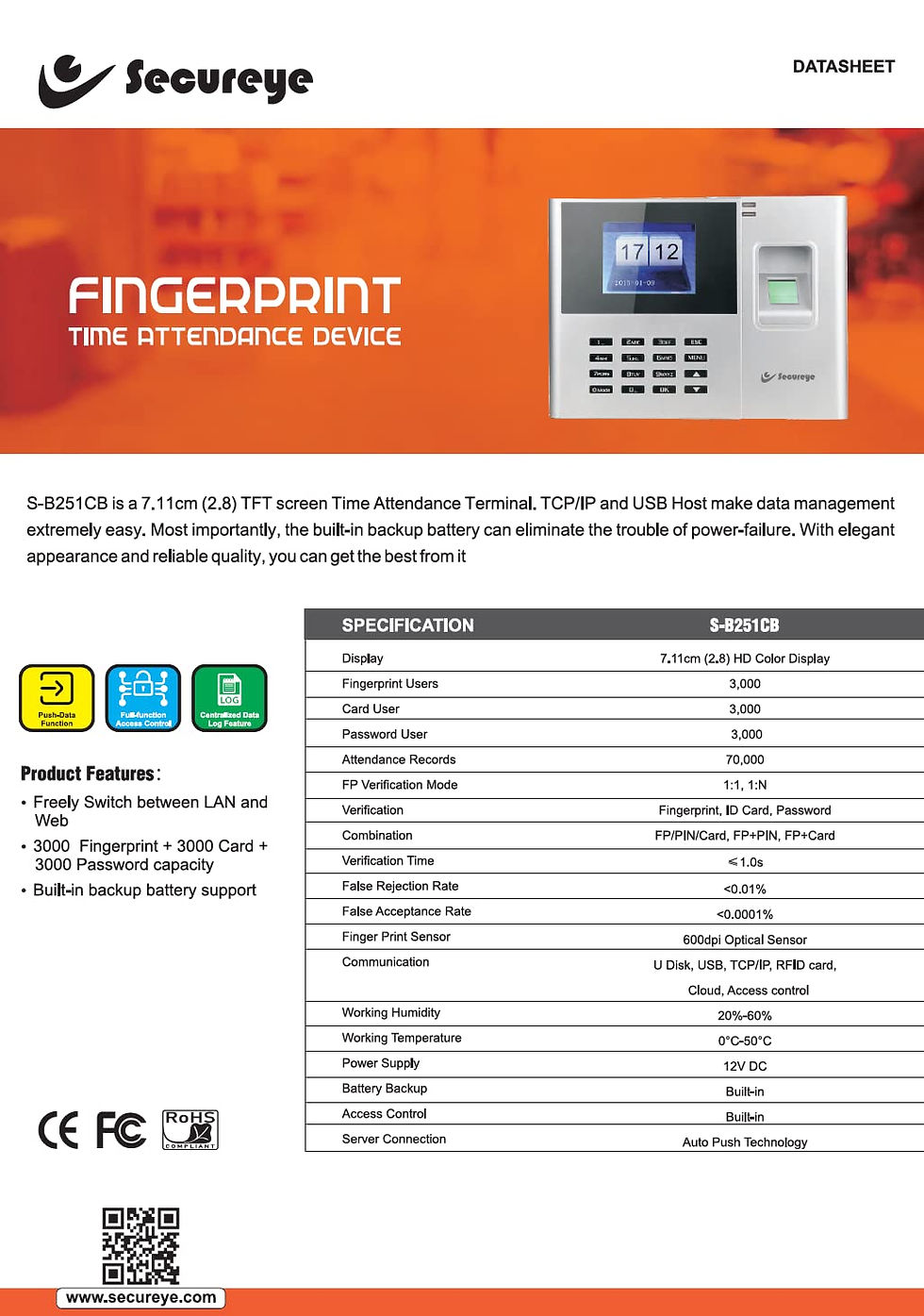 Thumbnail: Secureye  LAN + WiFi Attendance Terminal (Finger+ Card+ Pin+FACE) with Ontime