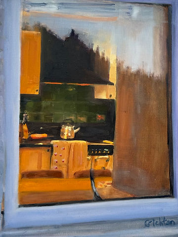 Oil painting of a kitchen interior from outside the window, and we can see a reflection of the landscape across the window.
