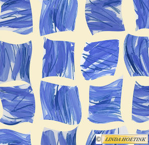 abstract pattern design with irregular  squares filled with painterly blue strokes and blue crayon on a cream colored background, design by Linda Hoetink