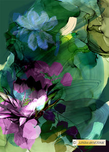 Abstract floral print based on watercolor on yupon paper layered with photographic  images and painted motifs 