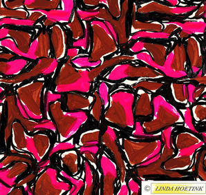 abstract pattern design of tightly packed organic shapes with black outlines filled with  fluorescent pinks and browns, design by Linda Hoetink 