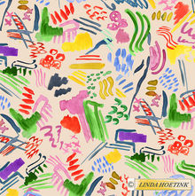 colorful and joyful abstract pattern design with scribbled abstract shapes in various colors. design by Linda Hoetink