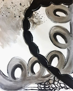 Abstract black&white ink drawing with curls and swirls, created by Linda Hoetink