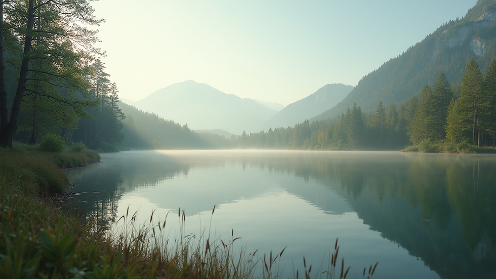 Eye-level view of a serene nature scene with a calm lake