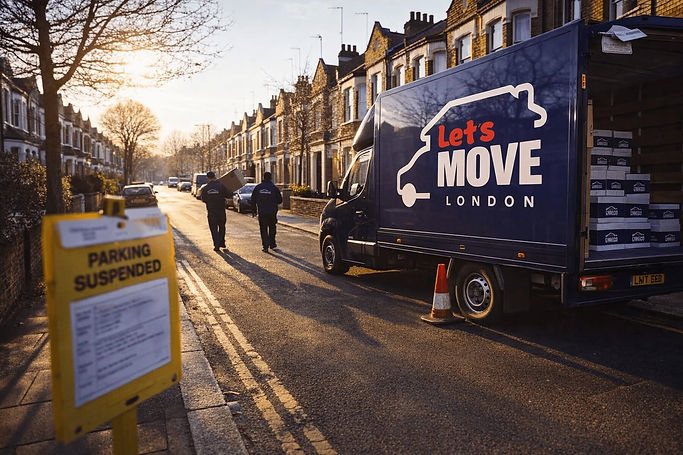 Moving truck labeled "Let's Move London" parked on a residential street in warm morning light. Two movers carry boxes.