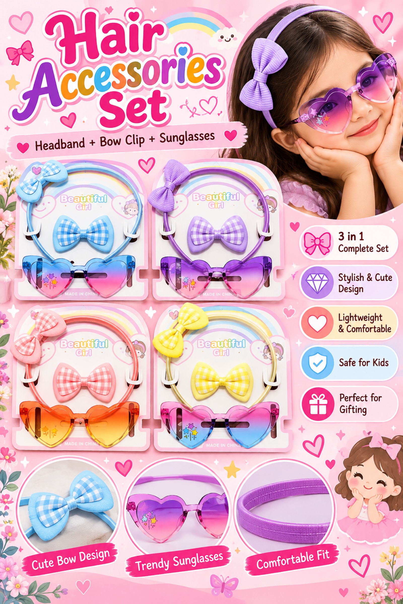 Kids Hair Accessories and Sunglasses Set