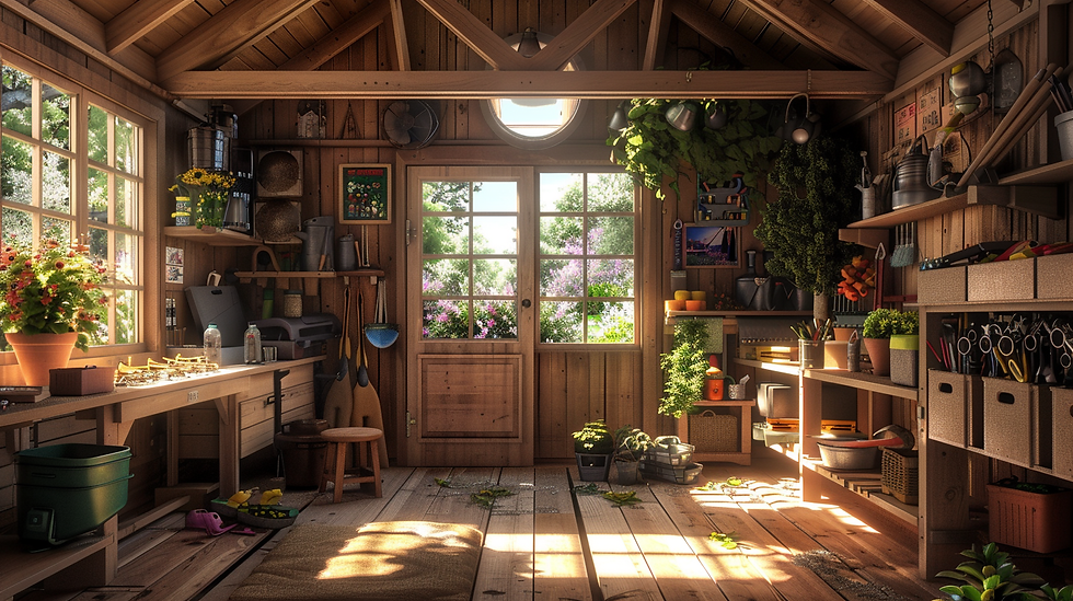 Large garden shed, with various garden related items. Double door to garden outside.