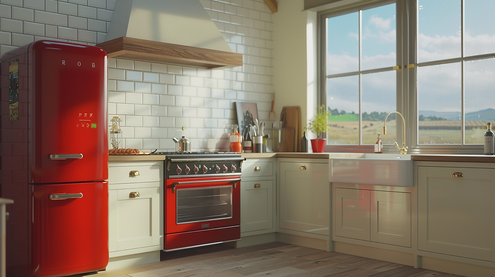 Country style kitchen, with large window to countryside outside.