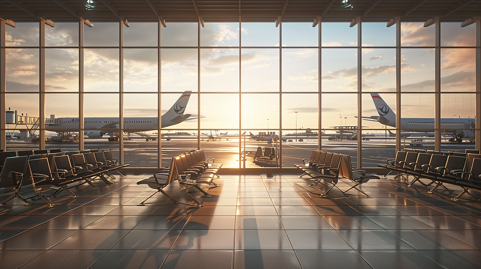 Late afternoon views from waiting area inside a large airport, with airplanes outside.