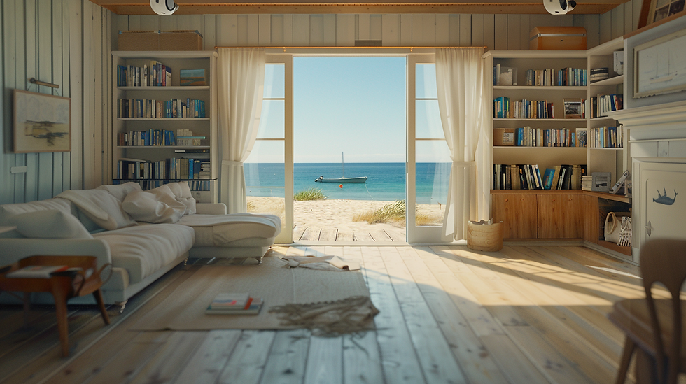 View from beach house lounge, with open doors looking onto yacht in the ocean outside.