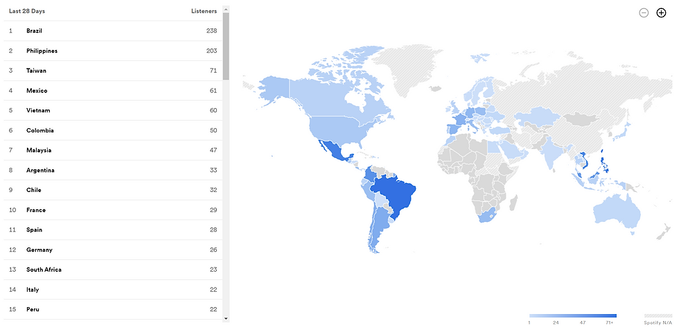 Spotify map showing listener volumes by countries