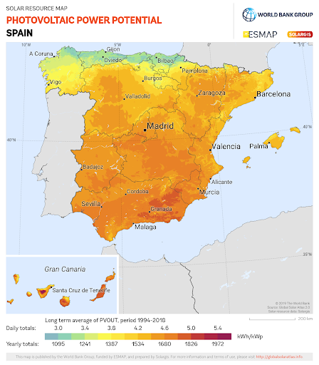 Mapa de España con el potencial de energía solar fotovoltaica