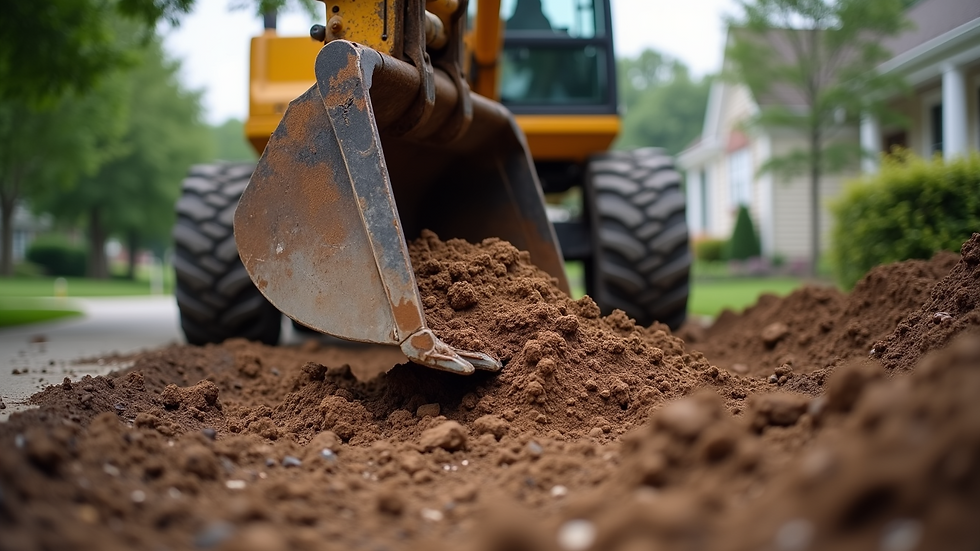 Close-up view of excavator bucket scooping soil near residential driveway