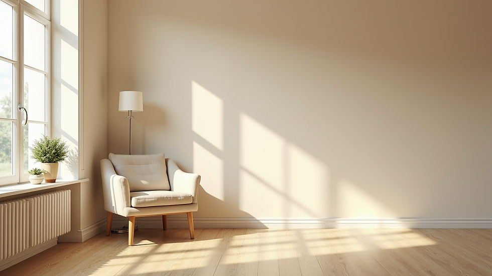 Eye-level view of freshly painted living room in soft beige color