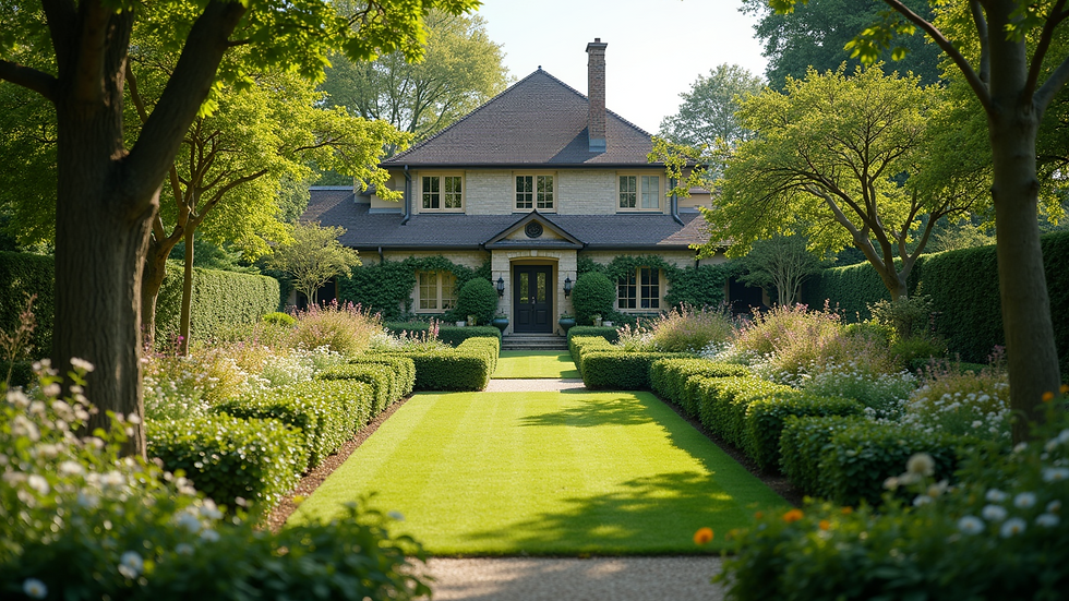 Wide angle view of a beautifully landscaped garden