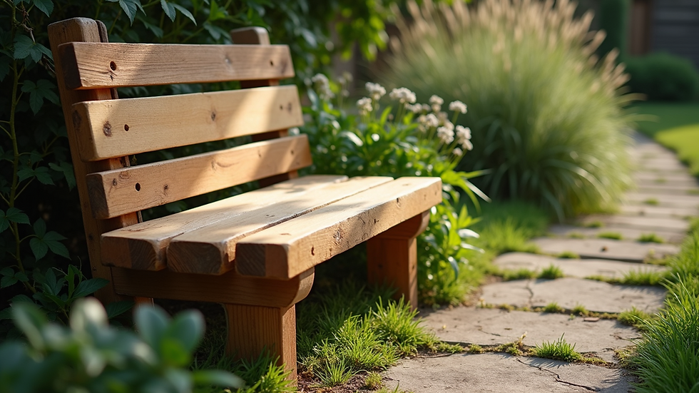 High angle view of a DIY garden bench made from reclaimed wood