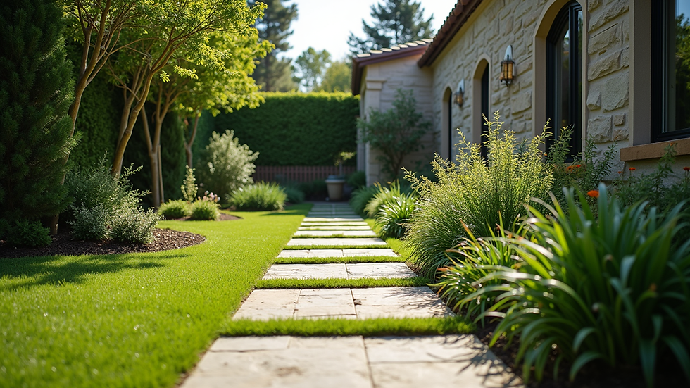Eye-level view of a well-designed backyard with stone pathways and lush greenery