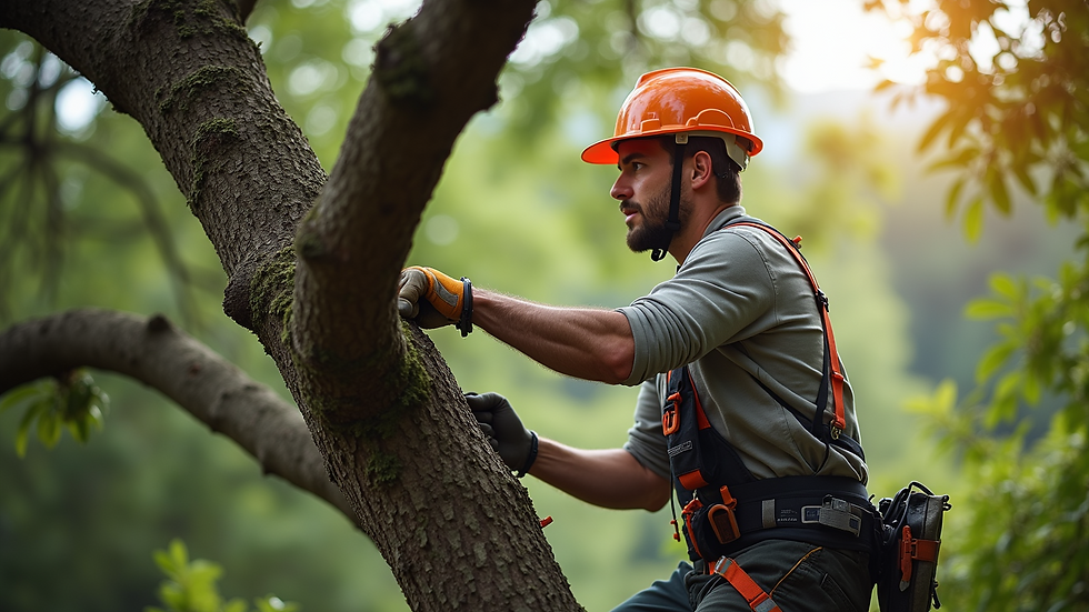 Close-up view of a professional arborist trimming a large tree branch