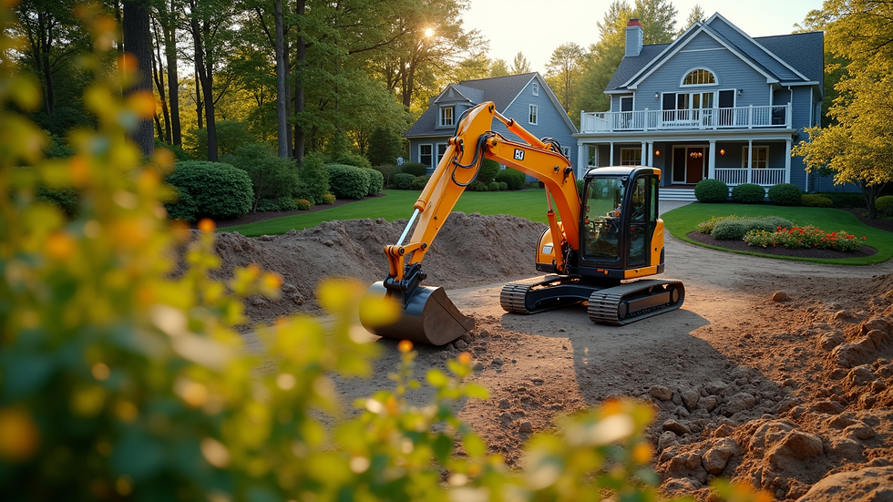 High angle view of excavator working on residential landscaping project
