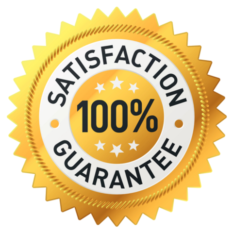 Satisfaction 100% Guarantee badge, gold color, demonstrating product quality assurance.