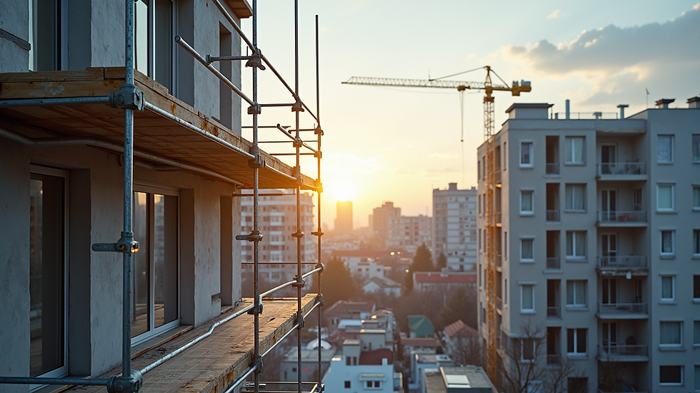 Wide angle view of residential construction with scaffolding