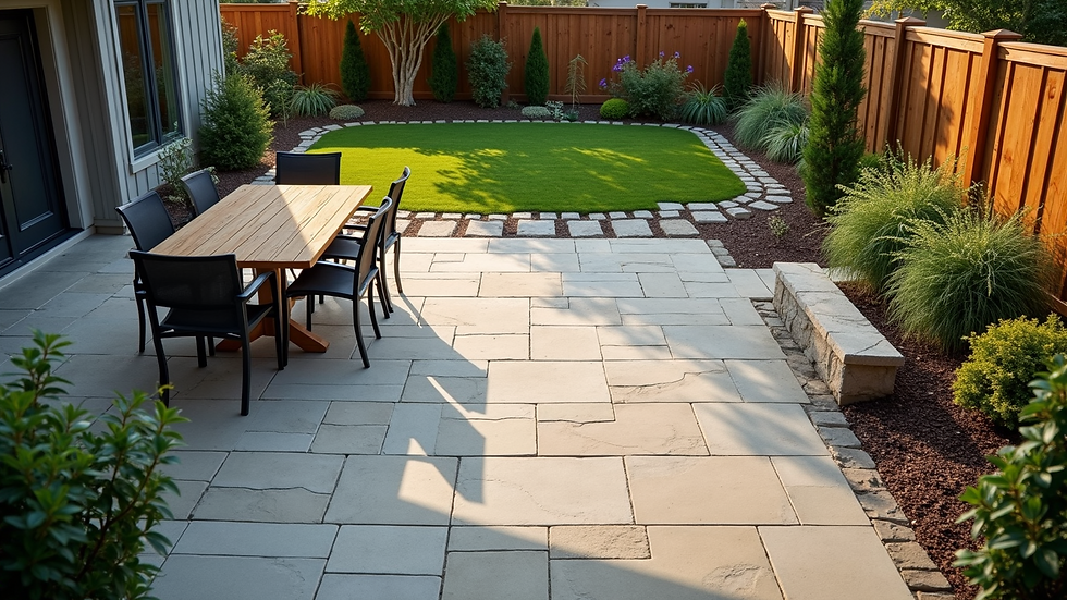 High angle view of a backyard patio with stone pavers and minimal landscaping