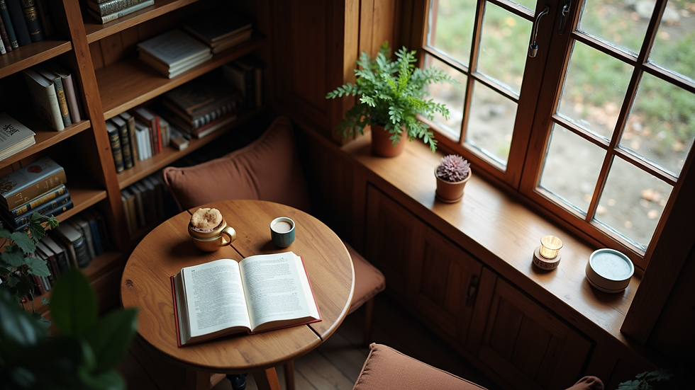 High angle view of a cozy reading nook with self-help books
