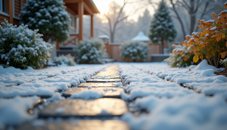 Eye-level view of a clean masonry patio with snow gently falling