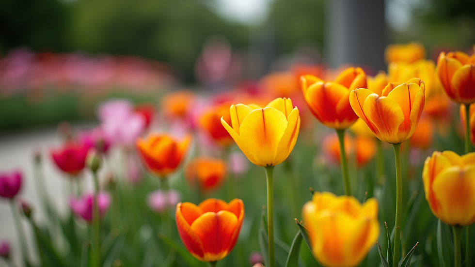 Close-up view of a colorful flower bed with a variety of blooming plants