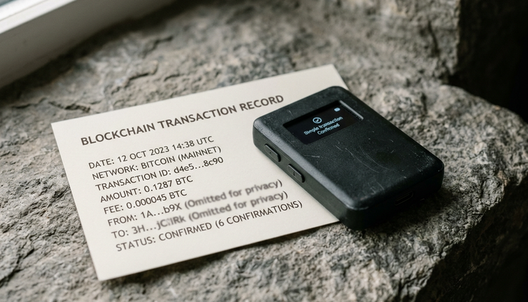 Close-up view of a hardware wallet beside a printed blockchain transaction record on a stone surface.