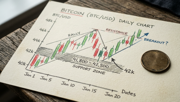 Close-up view of a paper chart showing a marked Bitcoin support zone
