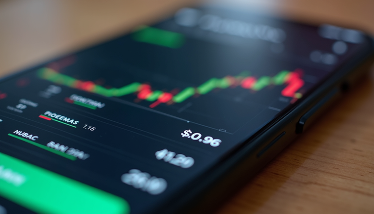 Close-up of a smartphone screen showing a crypto trading interface linked to a German bank account