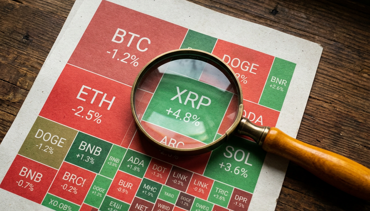 High-angle view of a printed crypto market heatmap with a magnifying glass over XRP