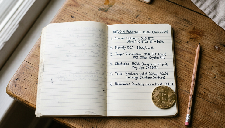 Overhead view of a notebook with a simple Bitcoin portfolio plan and a single coin