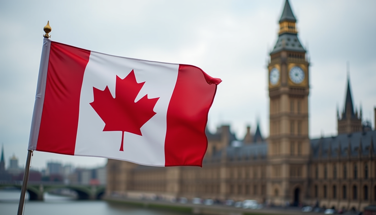 Close-up view of Canadian flag waving in front of Parliament