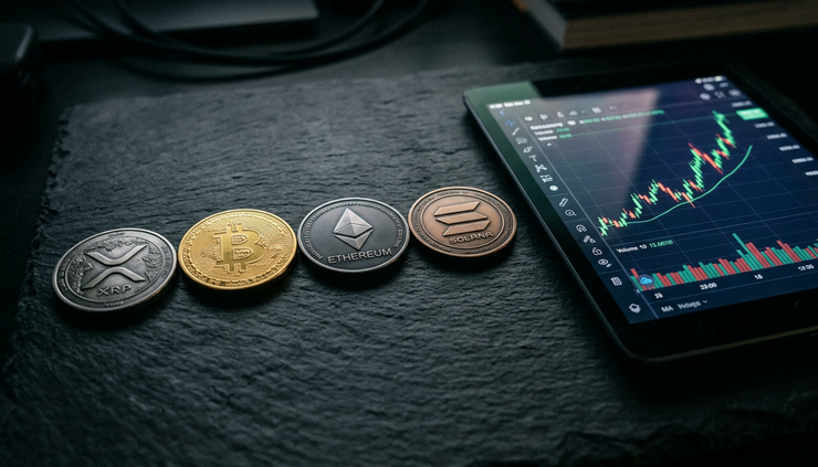 Wide-angle view of four physical crypto tokens arranged beside a glowing price chart