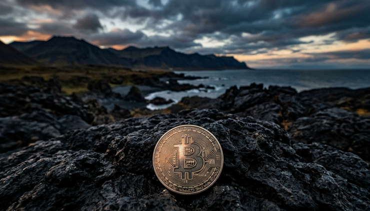 Wide-angle view of a lone Bitcoin coin resting on dark volcanic rock under a dramatic evening sky